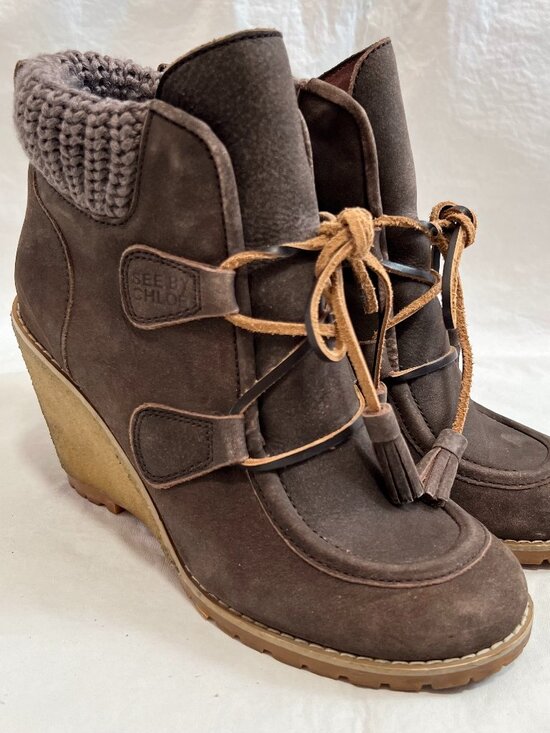 See By Chloe Shoes - See by Chloé boots Wallabee wedge brown suede 40 9.5 high heel lace up knit cuff